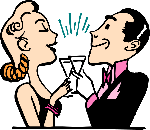 The black and white cartoon shows a man holding champagne glasses with two women; he is smiling at them while standing in front of one woman who has her arm around his waist.