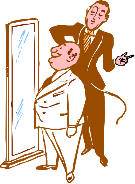 The illustration shows a man standing next to another person who appears to be grooming himself using a mirror; both individuals seem to have exaggerated facial features typical of cartoon characters.