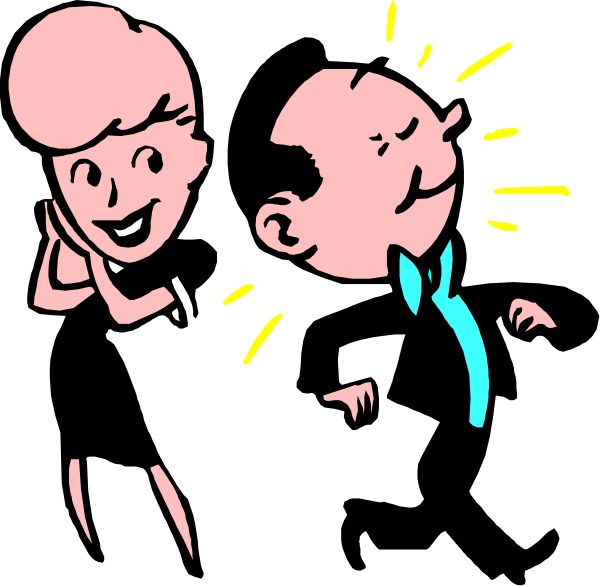 The image shows a cartoon of two characters: an adult male with glasses pointing upwards towards his head while making eye contact to another character's right; next to him is a female figure who appears surprised, looking away from her companion and slightly downward as if reacting or listening intently. Both are dressed in formal attire—the man wears a suit jacket over what seems like an undershirt with no tie visible, while the woman has on a dress that could be interpreted either way due to its coloration; she also sports glasses similar to those of her companion's