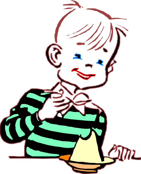 The image shows a cartoon of a child with blue eyes wearing striped pajamas holding an ice cream cone to their face while sitting at a table indoors.