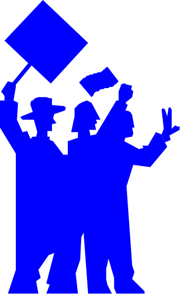The image shows a black and white silhouette of two figures holding signs with blue text; it is stylized in an abstract manner without any specific details about their appearance beyond being humanoid shapes against a dark background, possibly representing protestors due to the signage.