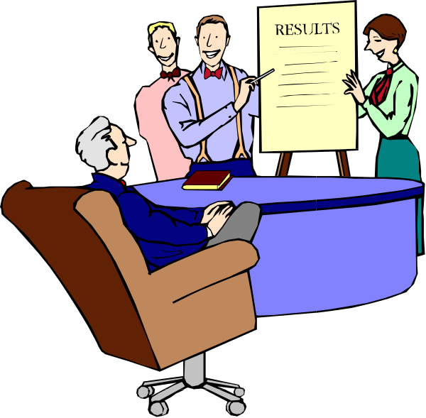 The illustration shows a group of four animated characters standing around an easel with paper on it that says "results" in black text atop a blue background; one character is seated behind them all while holding up their hand, gesturing towards something off-frame to emphasize or explain the results.