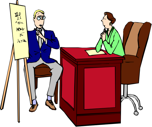 The illustration depicts a man sitting at an easel with papers on it while talking to another person who is standing in front of him holding up their hand as if gesturing during conversation.