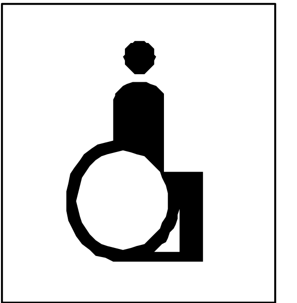 The image shows a black and white icon of an accessible restroom sign with symbols for wheelchair accessibility next to it on the right side.