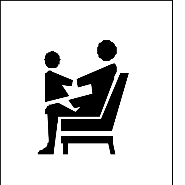The image shows a black and white icon of an adult sitting on a chair with their legs crossed at the knees while holding out something to another person who is standing in front of them; both individuals appear to be engaged in conversation, as indicated by hand gestures suggesting speech or exchange of information.