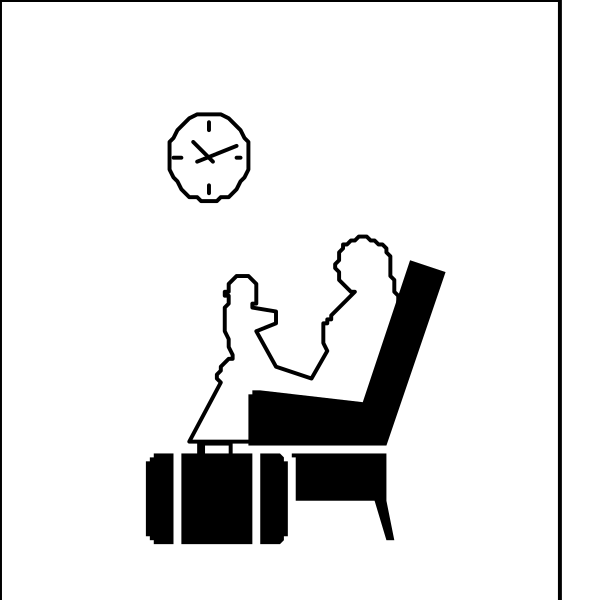 The black and white illustration shows a person sitting on an armchair with their legs crossed while holding what appears to be a book in one hand and possibly reading it. They have glasses perched atop their head, suggesting that they might not need them for this activity or momentarily set aside the task of wearing them. The individual is also engaged in another action: playing video games on an unseen device held by both hands; there's a remote control nearby indicating active use and interaction with some form of electronic entertainment system. A clock hangs above, showing it to be 10