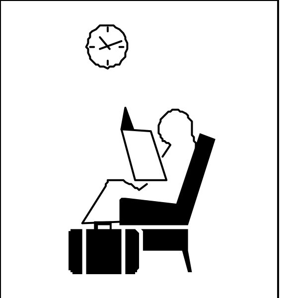 The black and white illustration shows a person sitting on an armchair with their legs crossed atop another chair while reading from what appears to be a book in hand. They have luggage next to them suggesting travel, there's a clock hanging above indicating time management or punctuality, the room has minimal decorations except for one small picture frame and a single light source is visible on top of something out of view.