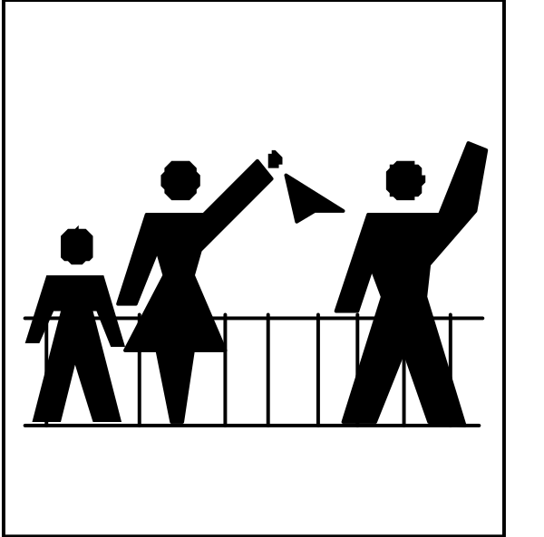 The black and white silhouette of a family at an outdoor event with two adults holding flags waving to each other while another adult watches from behind railing; there is also one child present in front of them, all depicted against a backdrop that suggests it's daytime outside during the summer.