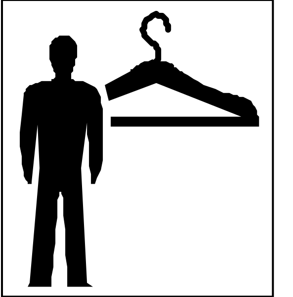 The image shows a black silhouette of an adult male figure standing next to two white symbols: on his left is a coat hanger with clothes hanging from it; on his right hangs another symbol that appears to be a pair of pants, suggesting clothing items for sale or display in the context of retail.