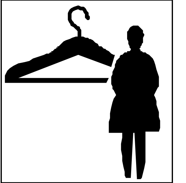The black and white silhouette of a person standing next to an open coat closet with clothes hanging inside it.