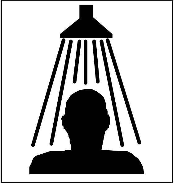 The black and white icon shows a shower head with water droplets above it next to an illustration of a person's profile facing leftward under what appears to be rainfall from the showerhead.