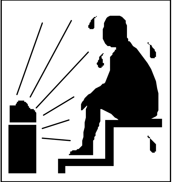 The black and white silhouette of a person sitting on steps with sweat droplets falling from their head under sunlight.