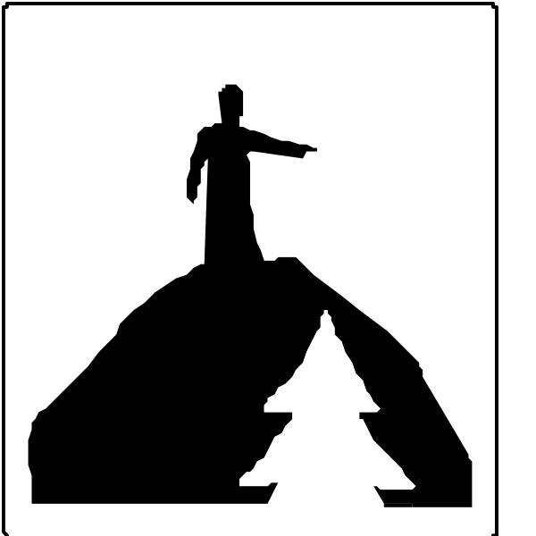The image shows a black silhouette of an individual standing on top of what appears to be a rock formation with their arms outstretched as if embracing nature. Below this figure is another smaller icon depicting two people walking towards each other, suggesting unity or connection between individuals in the wilderness setting.
