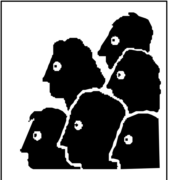The black and white silhouette of a group of heads facing different directions with two faces on top looking outwardly from either side.
