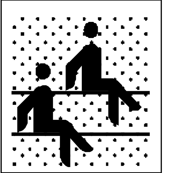 The black and white illustration shows two figures sitting on a bench with dots representing their bodies; above them is an icon of a person standing in front of another figure seated behind him atop what appears to be a ladder, suggesting some form of hierarchy or progression between levels within the image's context.