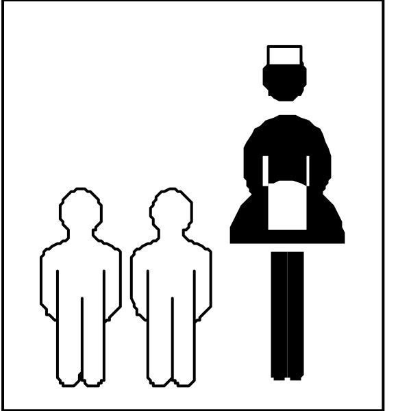 The black and white icon depicts a person standing next to an information booth with two figures inside it; above them is another figure that appears to be in charge of directing traffic or providing assistance due to its position behind what looks like a counter, suggesting authority over those within the booth.