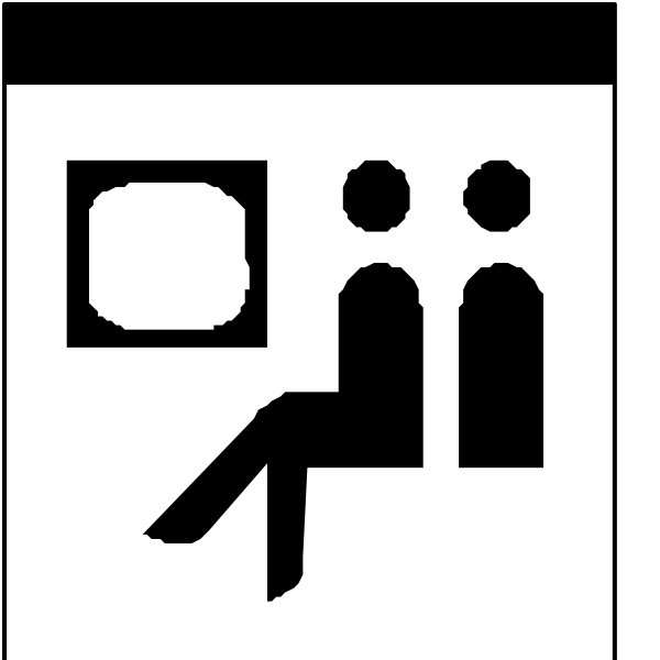 The black and white icon shows a person sitting on an airplane seat next to another empty seat with two silhouettes of seated individuals above it; there is also a small window in front of them indicating that this could be part of an overhead compartment for storage during flight, suggesting the setting might represent an aircraft interior.