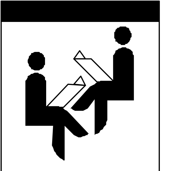 The black and white illustration shows a person sitting at an open laptop with papers on it to their right side; above them is another figure seated in front of what appears to be a booklet being read by someone else, who seems unaware that this individual has been replaced or removed from the scene.