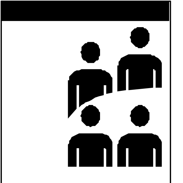 The black and white icon depicts a group of three silhouetted figures seated together on what appears to be an escalator with their backs facing forward; above them is another figure standing alone in profile view, also looking downward as if observing something below or ahead.