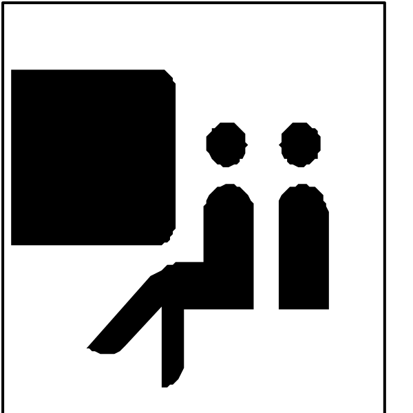 The black and white icon shows a person sitting on an empty bench with their legs crossed at the knees next to another figure standing up in front of them holding what appears to be a booklet open. To the right, there is a sign indicating that this area has been designated for tipped employees only; above it hangs a small black and white icon depicting two people sitting on chairs facing each other with one person's legs crossed at their knees while another figure stands in front of them holding what appears to be an open booklet.