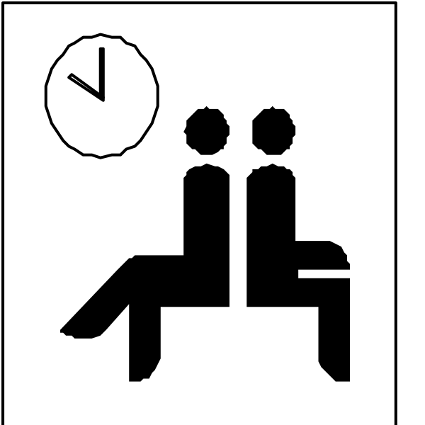 The black and white illustration shows a sign with two figures sitting on benches facing each other; above them is an icon of a clock indicating it's 10:25 PM. There's also text that reads "WAITING ROOM" at the top, suggesting this could be in a medical or dental office setting where people wait for their appointments to begin. The benches are simple and functional with no additional details like armrests or cushions visible from this angle.