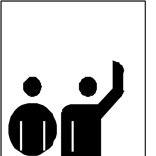 The black and white icon shows two silhouettes of standing figures with their backs to each other; a hand is raised in one figure's direction as if waving goodbye or signaling something from behind, while another person appears to be looking onward without interacting directly with the first figure.