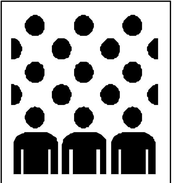 The black and white illustration shows a group of three silhouetted figures standing side by side against an array of circles that resemble bubbles floating in front of them on what appears to be water's surface, with one figure facing forward while two face leftward; there is no text or additional context provided.