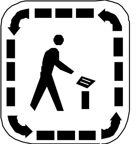 The images show a series of three signs:

1) A black square with an icon depicting two arrows forming a loop around what appears to be a recyclable symbol indicating that items should go in one direction and out another, suggesting circular flow or process. This could represent the concept of "recyclability" or continuous movement within a system.