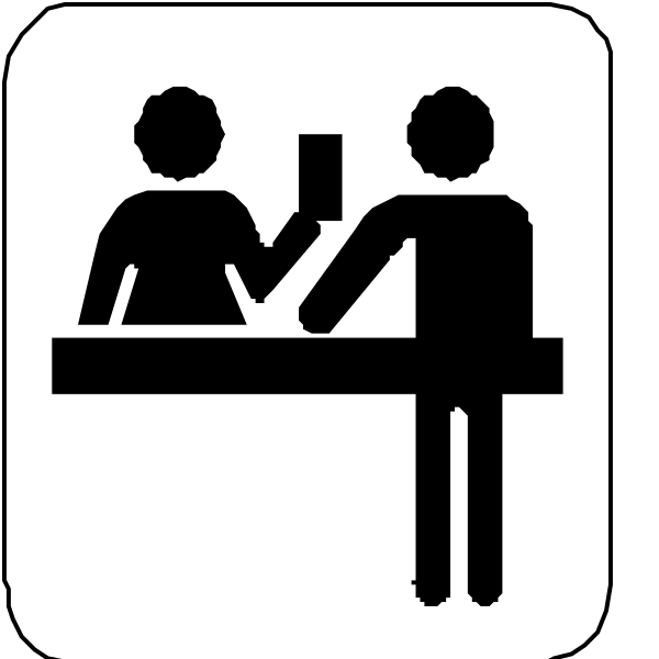 The image shows a black and white icon of two figures sitting at tables with food items on them; above each figure is an arrow pointing to their respective table indicating that one person has ordered something while another hasn't, suggesting different stages in ordering service within a restaurant or cafe setting.