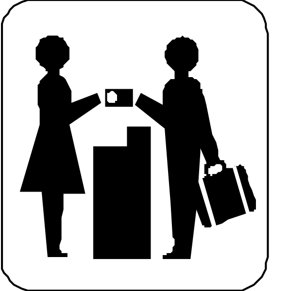 The images show a sequence of three signs with different symbols: 1) A man handing money to another person; 2) Two figures shaking hands over what appears to be an ATM machine; 3) An icon depicting two people exchanging items, possibly in the context of travel or transportation. Each sign is simple and uses a limited color palette with black silhouettes on white backgrounds. The style suggests they are informational signs meant for public spaces like airports or train stations to indicate services available at those locations.