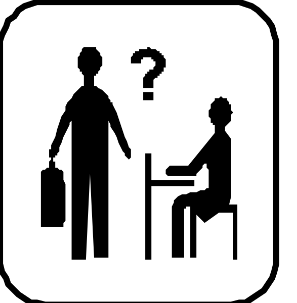 The images show a sequence of three signs with symbols representing different scenarios: 1) A person holding an object that looks like a question mark over another figure who appears to be sitting at a desk; 2) Two figures, one standing and looking down while pointing towards something on their lap or the ground, suggesting they are showing it to someone else. The other is seated in front of them with what seems to be a laptop open before them; 3) A person holding an object that looks like another question mark over two more people who appear engaged in conversation at a table and chairs setting.