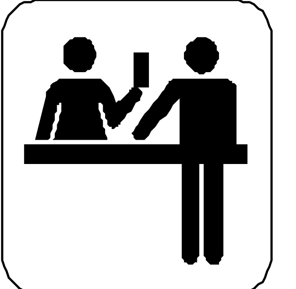 The image shows a black and white icon of two figures standing at an information desk with signs indicating that it is for men only on one side and women's restroom facilities on another; there appears to be no signage regarding gender-neutral accessibility or family bathroom options, suggesting traditional gendered segregation.