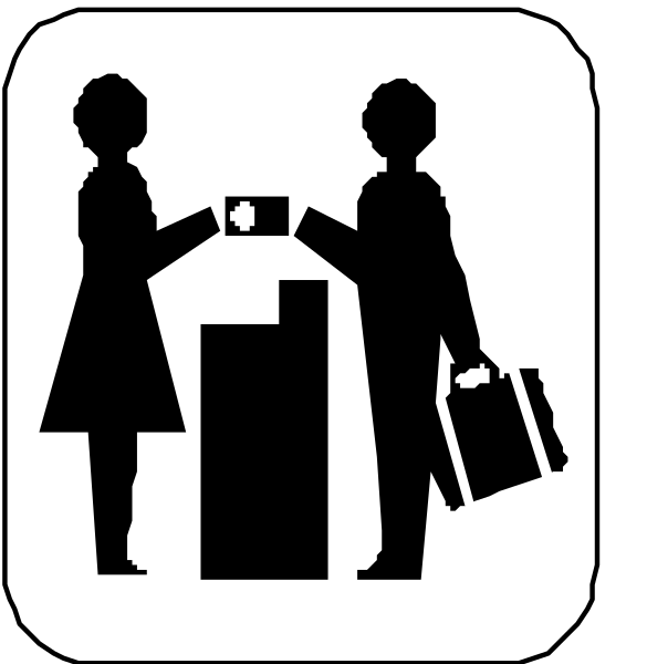 The images show a sequence of three signs:
1) A person handing money to another who is holding an envelope; both individuals appear as silhouettes against white backgrounds with black outlines.
