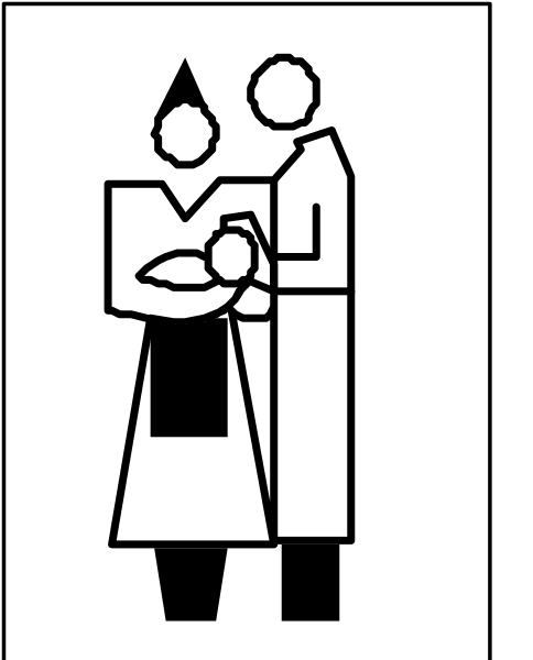 The black and white icon shows a couple standing close together with an infant between them; both adults appear to be holding something in their hands while looking at it closely.