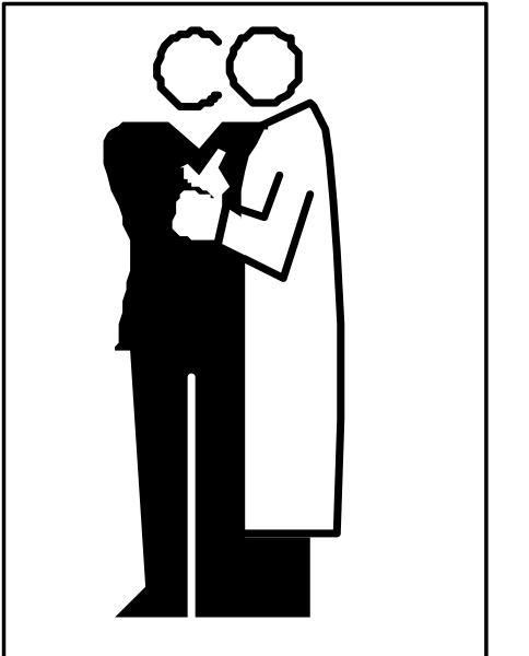 The black and white logo features a man hugging another person from behind while standing on top of what appears to be an elevated platform with their arms around each other's waists; both individuals have silhouetted faces, suggesting that this is not meant as realistic portrayals but rather symbolic representations.