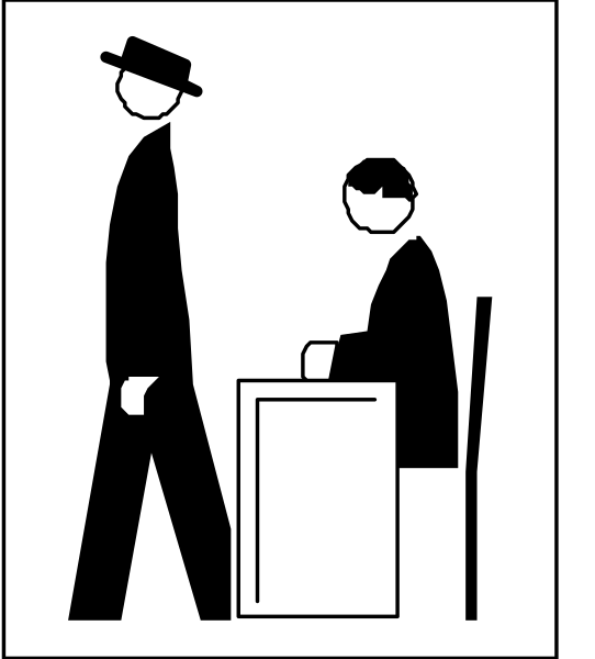 The black and white illustration shows two stick figures: a man standing with his hands on hips next to another figure seated at an office desk in front of him; both characters appear to be engaged in conversation within what seems like a professional setting, possibly an office or waiting area.
