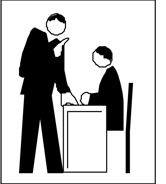 The black and white silhouette of a man standing next to another person who is sitting at an office desk with papers on it; both figures appear engaged in conversation while one holds what looks like a pen over their shoulder, suggesting writing activity.