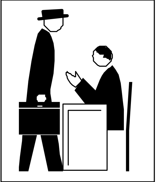 The black and white illustration shows a man standing at an office desk with his hands clasped together while another person is seated across from him in front of what appears to be a computer screen; both individuals seem engaged in conversation, possibly discussing business matters given their attire which includes ties for the men.