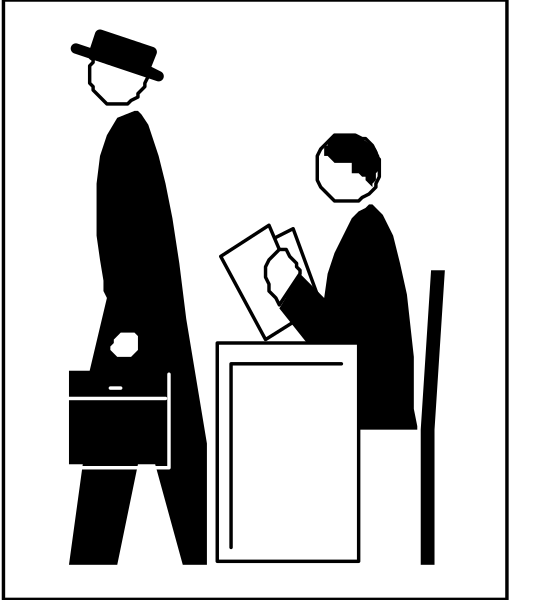 The black and white silhouette of a man reading to another person who is standing up with his back turned towards him in an office environment; both figures appear to be engaged in conversation while one reads from what seems like a book, suggesting a professional setting such as work or business meeting.