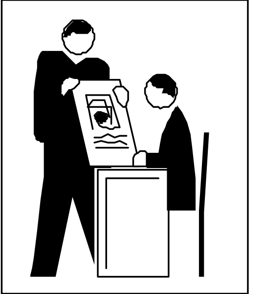 The black and white illustration shows a man standing at an information desk with papers on it while another person is seated behind him looking downward; both individuals appear to be engaged in some form of transaction involving documents, possibly related to travel documentation given their attire which suggests business or professional contexts.