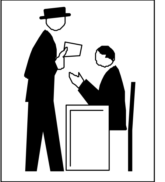 The black and white silhouette of a man standing next to another seated at an office desk with papers on it; both figures appear engaged in conversation while one holds what looks like a briefcase.