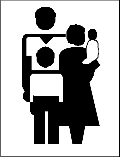 The black and white silhouette of a family standing together under an umbrella on what appears to be a rainy day in front of buildings with windows.