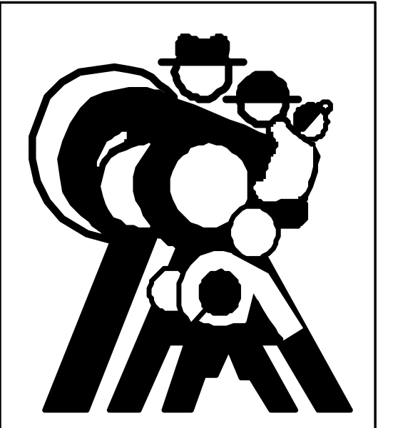 The black and white logo features a stylized illustration of two figures: an adult figure standing upright with their arms outstretched as if embracing another smaller figure who is seated on top of them in front, creating an impression that one person might be carrying or supporting the other. Both characters are depicted wearing hats; however, only the larger character's hat has a visible face design resembling sunglasses and mustache details. The adult figure appears to have their legs crossed at the knees while standing on what seems like train tracks with rails extending outward from them in