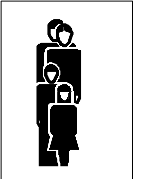 The black and white silhouette of a family standing together with an adult figure on each side holding children's hands in front of them; all figures facing forward towards viewer.