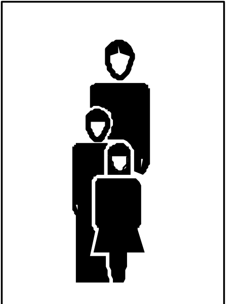 The black and white silhouette of a family walking together on an escalator with two adults leading by holding hands at either end.