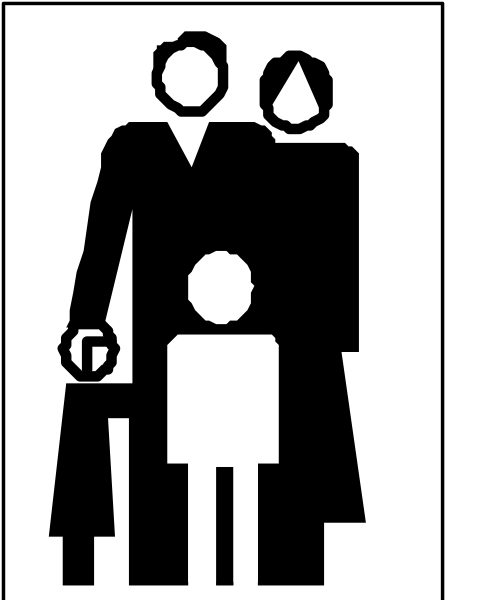 The black and white silhouette of a family with an adult couple standing next to each other holding hands while another figure stands behind them; there is also one child in front of the adults who appears smaller due to perspective, indicating depth.