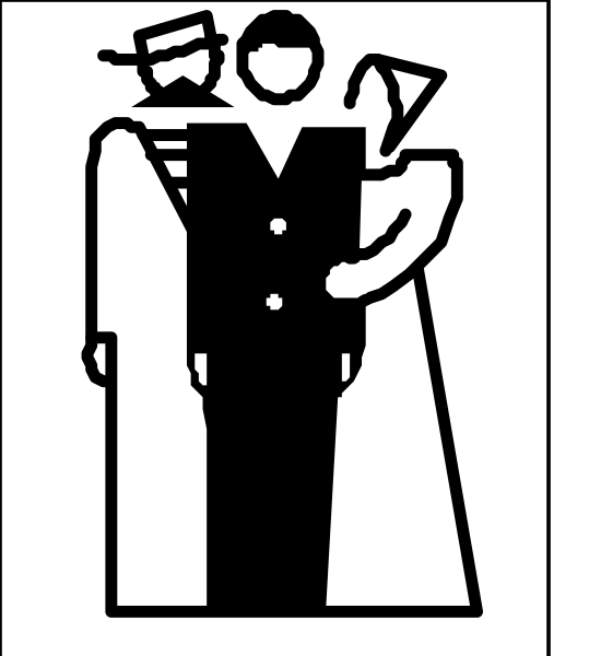 The black and white icon depicts a man holding an envelope with his left hand while standing next to another person who is also depicted in silhouette form but without any distinguishable features like facial expressions or clothing details, making it difficult for me to provide specifics about that individual's appearance.