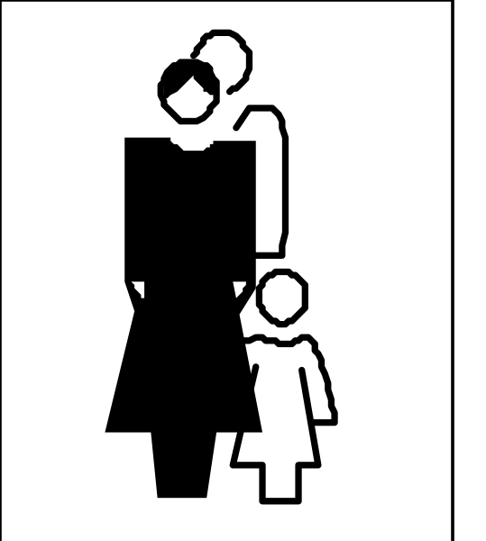 The image shows a black silhouette of an adult woman standing next to two children; there is no background detail provided in this description.