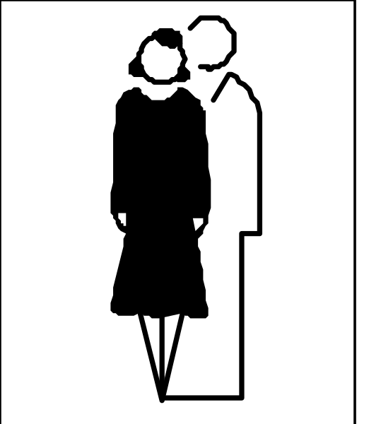 The black and white silhouette of a man standing behind an older woman who is walking away from him with her head down; both figures appear to be in mid-stride on what looks like a sidewalk next to some text, possibly indicating directions or information about their location within a building or facility.