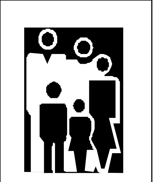 The black and white silhouette of a family standing together under an umbrella on what appears to be a rainy day in front of buildings with circles above their heads indicating some sort of activity taking place inside them, possibly related to shopping or dining given the presence of cups as well.